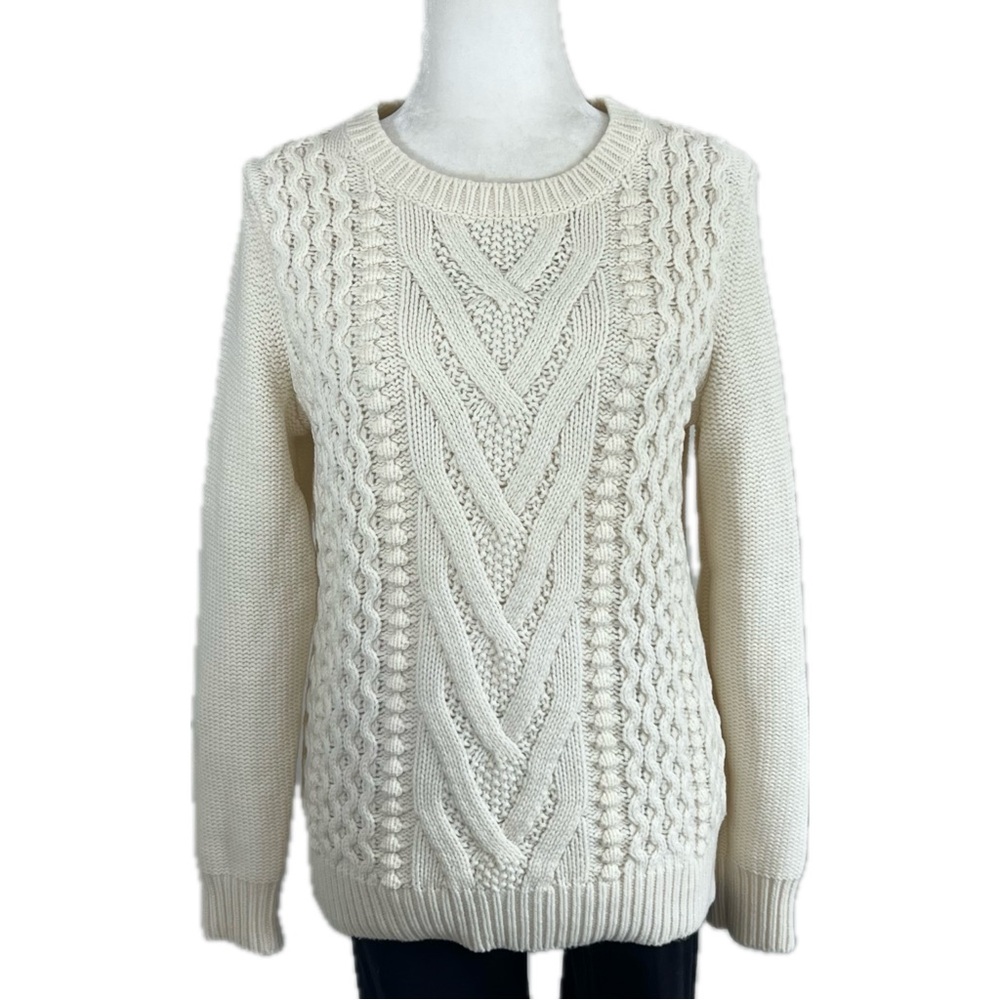Tommy Hilfiger Sweater Wool Blend Chunky Bobble Cable Knit Neutral Cream Large L